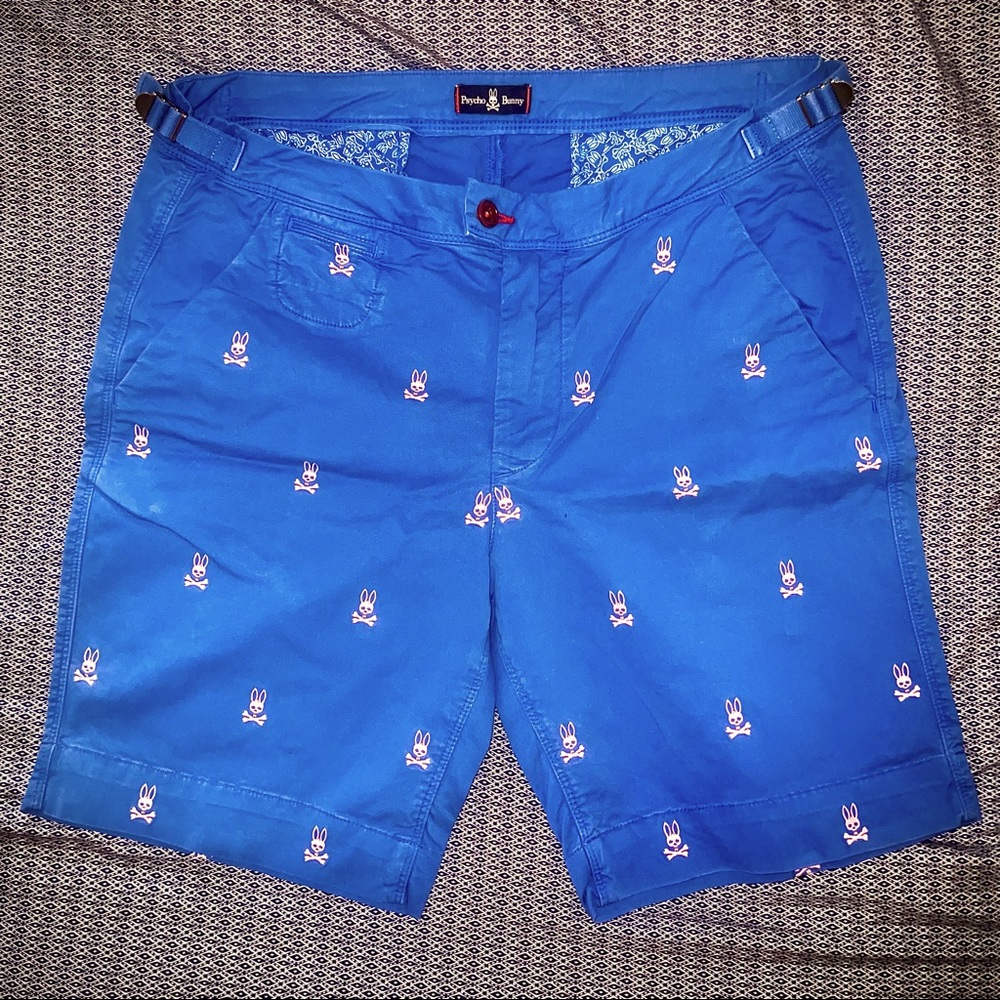 Psycho Bunny British Khaki Shorts Classic Fit Blue 34 All Over Bunny Print